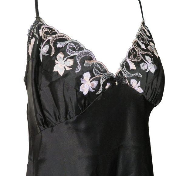 Vintage Shirley of Hollywood Knee Length Satin Slip Nightgown L Black Embroidery - Picture 5 of 12